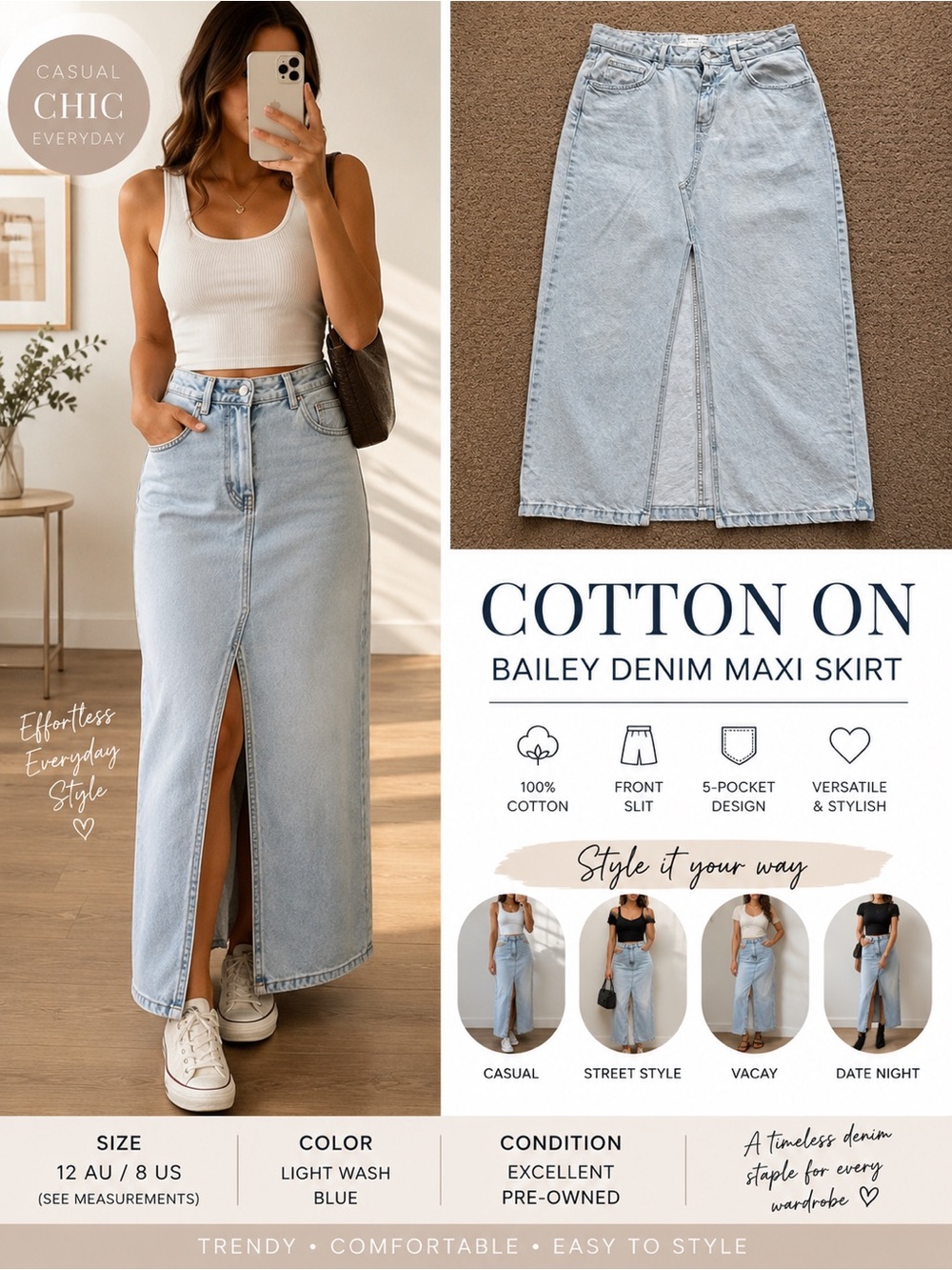 Cotton On Bailey Denim Maxi Skirt Light Wash Blue Size 12 AU / 8 US